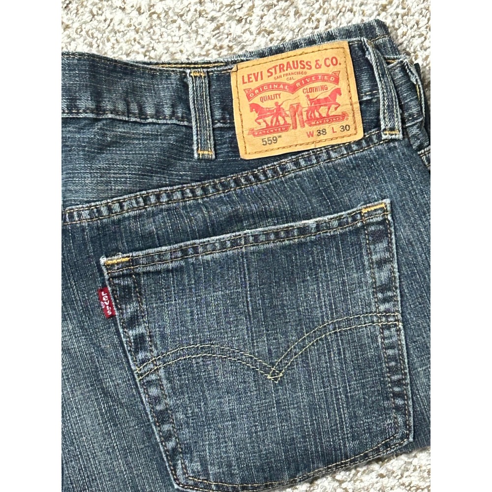 Levis 559 Relaxed Straight Jeans Mens 38x30 Blue Denim Whiskers Med Wash